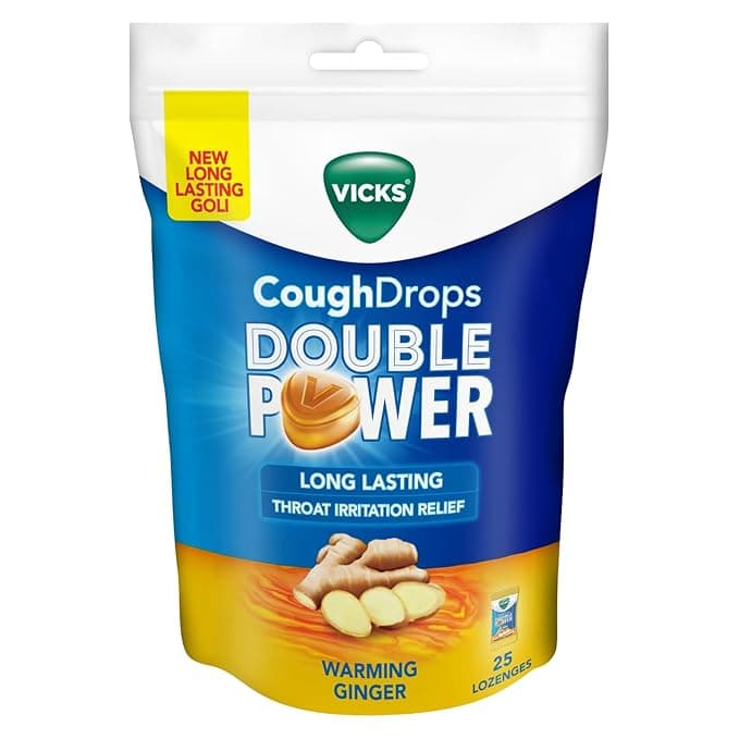 VICKS COUGH DROPS DOUBLE POWER (Bag of 25) WITH AYURVEDIC INGREDIENTS FOR FAST RELIEF FROM THROAT IRRITATION & COUGH, WARMING GINGER FLAVOUR