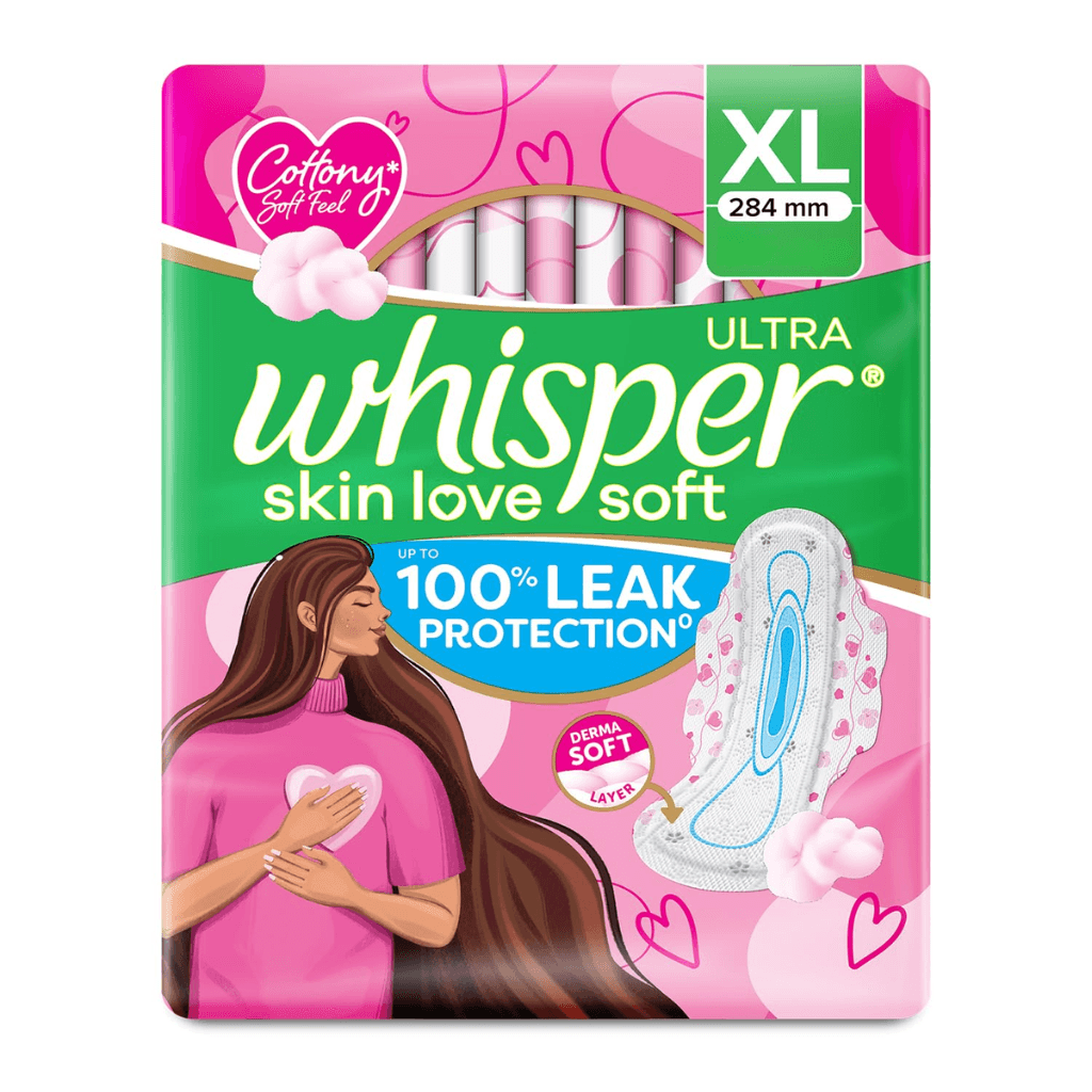 Whisper Ultra Skin Love Soft Sanitary Pads for Women, XL 6 Pads, Cottony Soft Feel, Upto 100% Leak* Protection, Disposable Wrapper, Locks Odour & Wetness