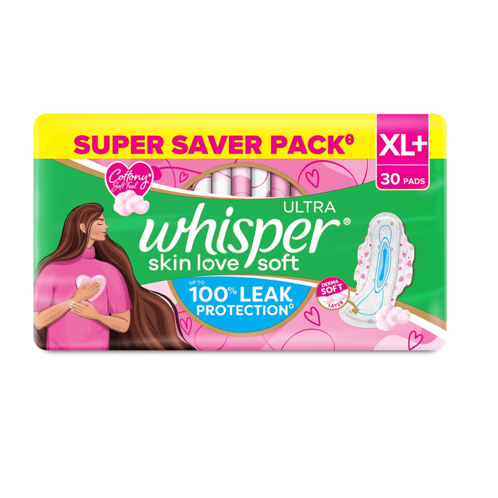 Whisper Ultra Skin Love Soft Sanitary Pads for Women, XL 30 Pads, Cottony Soft Feel, Upto 100% Leak* Protection, Disposable Wrapper, Locks Odour & Wetness 