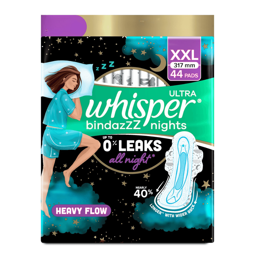 Whisper Bindazzz Nights 44 XXL Sanitary Pads, Upto 0% Leaks All Night Long, For Heavy Flow