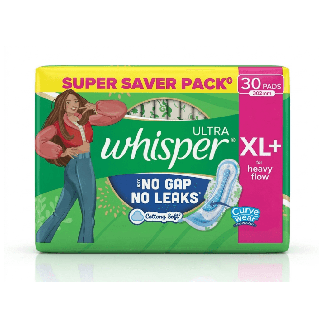 Whisper Ultra Upto No Gap No Leaks* Sanitary Pads, 30 XL+ Pads, For Heavy Flow Protection, With CURVEWEAR Technology, Cotton Like Softness, Disposable Wrapper, Locks Odour & Wetness