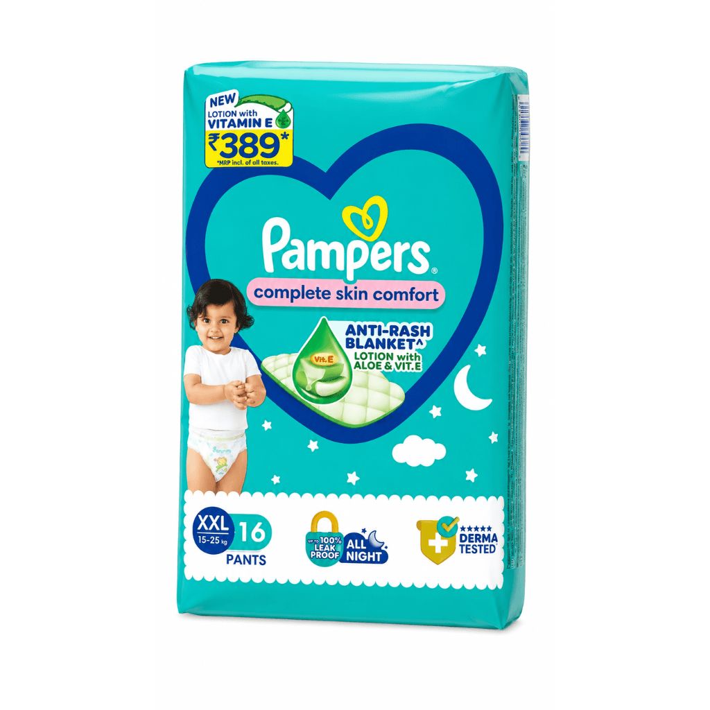 Pampers Complete Skin Comfort Pants, Anti-rash blanket, Lotion with Vitamin E & Aloe Vera, Extra Large size baby diapers (XL) 16 Count, 15-25kg