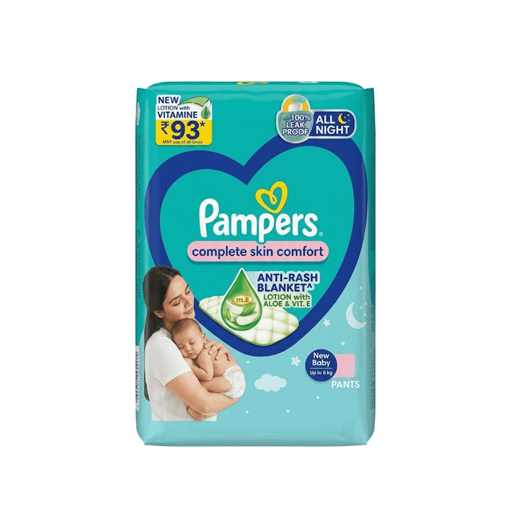PAMPERS COMPLETE SKIN COMFORT PANTS, (NB,XS) 8 COUNT ANTI-RASH BLANKET, LOTION WITH VITAMIN E & ALOE VERA, NEW BORN, EXTRA SMALL SIZE BABY DIAPERS, UPTO 5KG