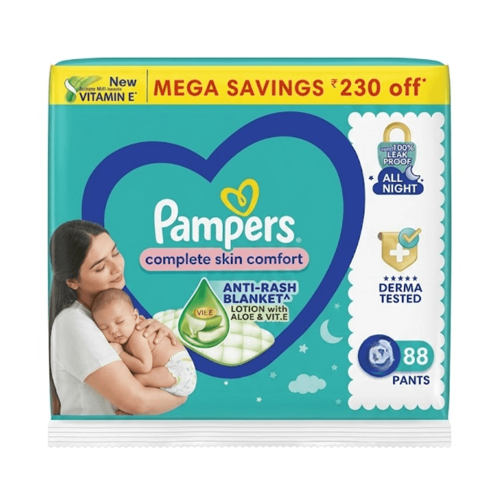 Pampers Complete Skin Comfort Pants, Anti-rash blanket, Lotion with Vitamin E & Aloe Vera, Extra Large size baby Diapers, XS 88 pants 