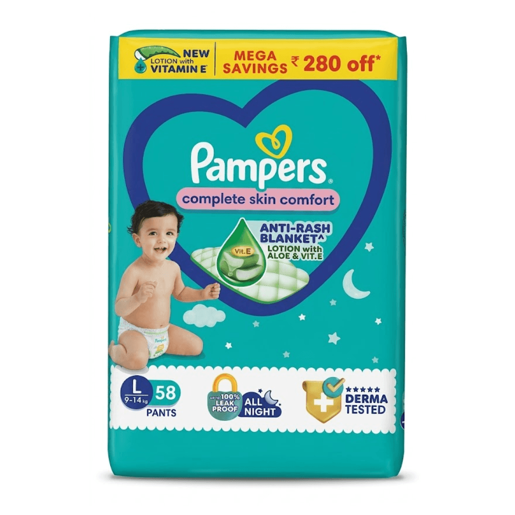 Pampers Complete Skin Comfort | Pant Style Diaper Large, 58 Count| Anti Rash with 100% protection from leakage upto 12 hrs