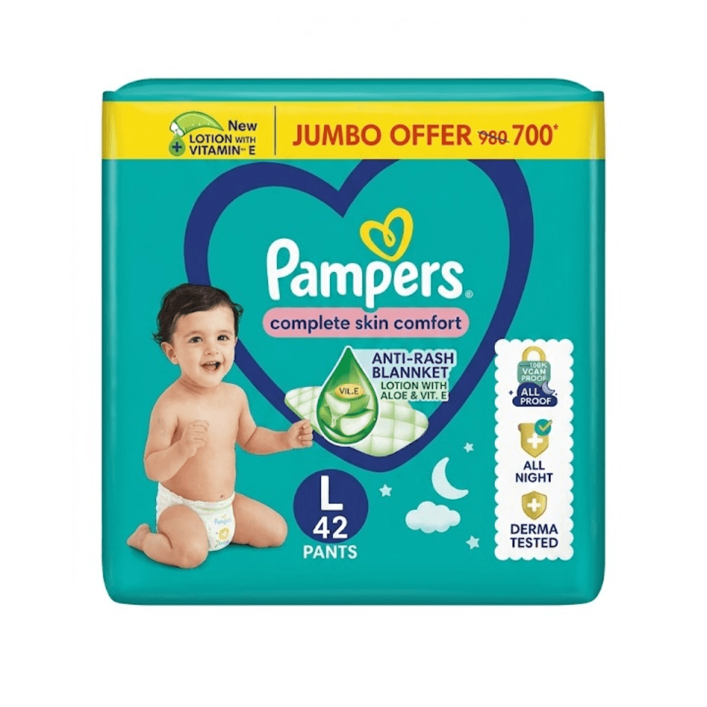 Pampers Complete Skin Comfort | Pant Style Diaper Large, 42 Count| Anti Rash with 100% protection from leakage upto 12 hrs| L,9-14 kg 