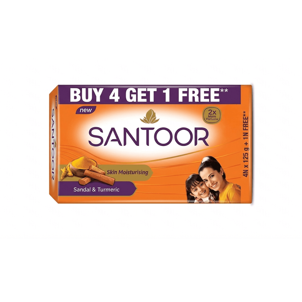 Santoor Sandal & Turmeric Soap for Total Skin Care, 125g -Buy 4 Get 1 Free