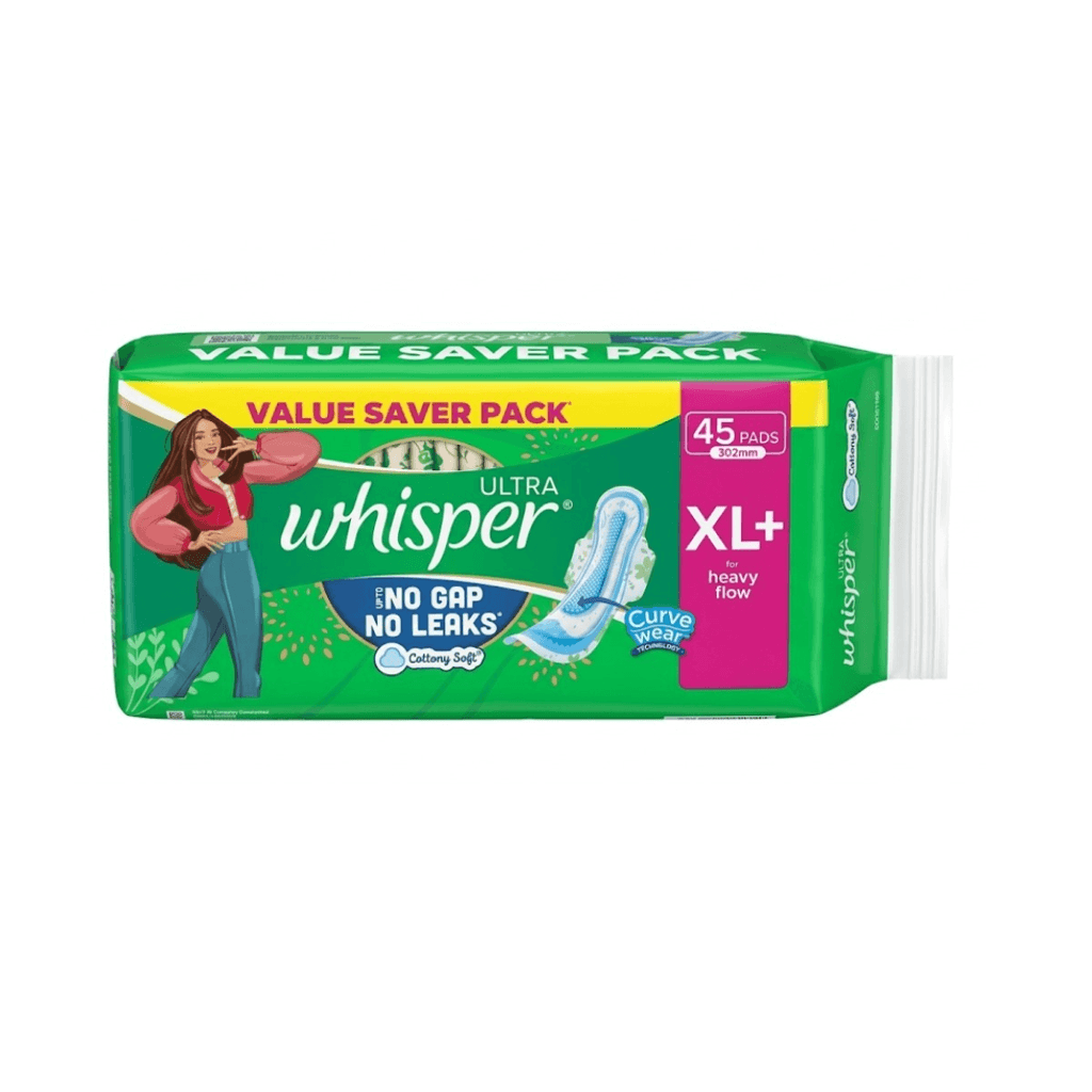    	 Whisper Ultra Upto No Gap No Leaks* Sanitary Pads, 45 XL+ Pads, For Heavy Flow Protection, With CURVEWEAR Technology, Cotton Like Softness, Disposable Wrapper, Locks Odour & Wetness