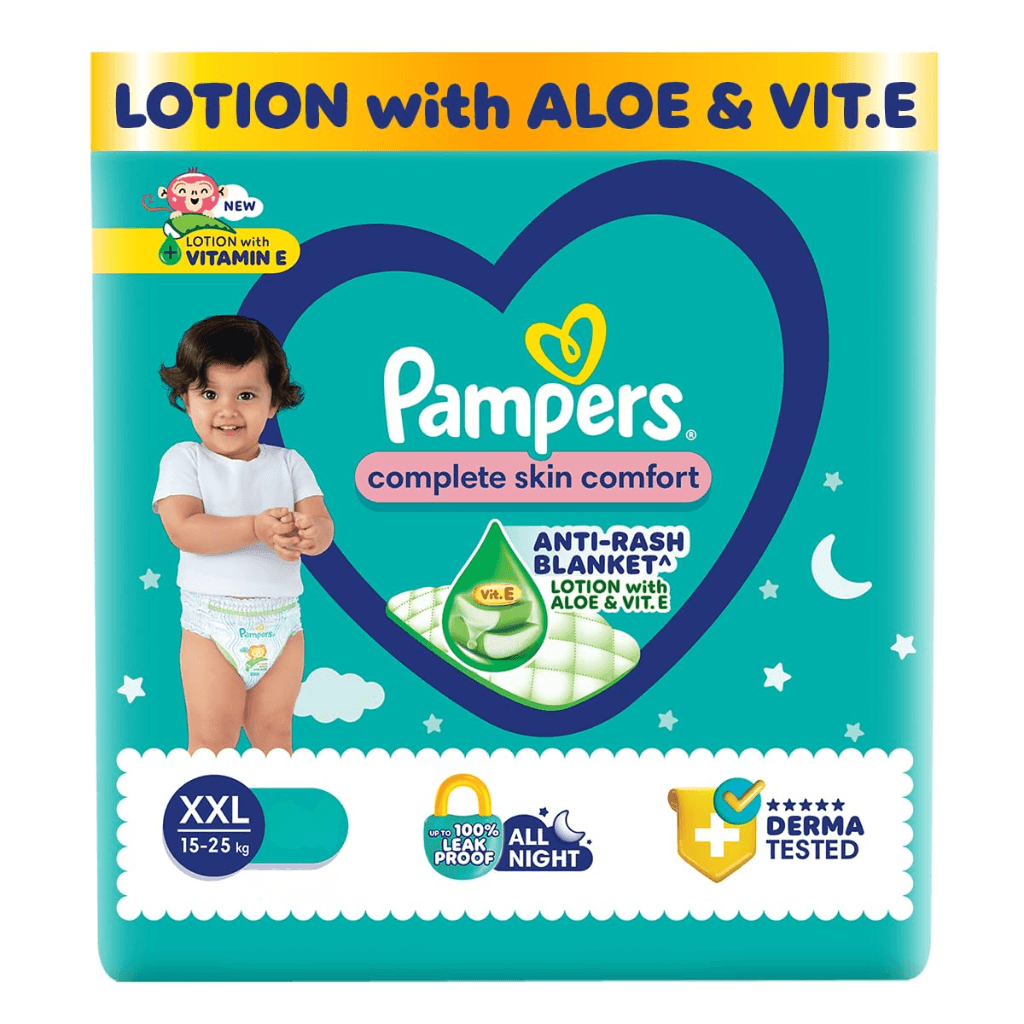 Pampers Complete Skin Comfort Pants, Anti-rash blanket, Lotion with Vitamin E & Aloe Vera, Double Extra Large size baby Diapers, (XXL) 9 Count, 15-25 kg