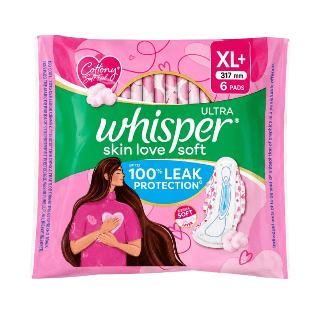 Whisper Ultra Skin Love Soft Sanitary Pads for Women, XL 6 Pads, Cottony Soft Feel, Upto 100% Leak* Protection, Disposable Wrapper, Locks Odour & Wetness (Product Does Not Contain Cotton) (*Based on P&G Technical Data)