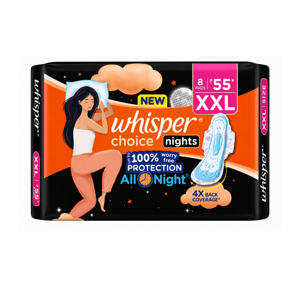 Whisper Choice Nights XXL Sanitary Pads, 6 Count, All Night Protection, 4X Back Coverage