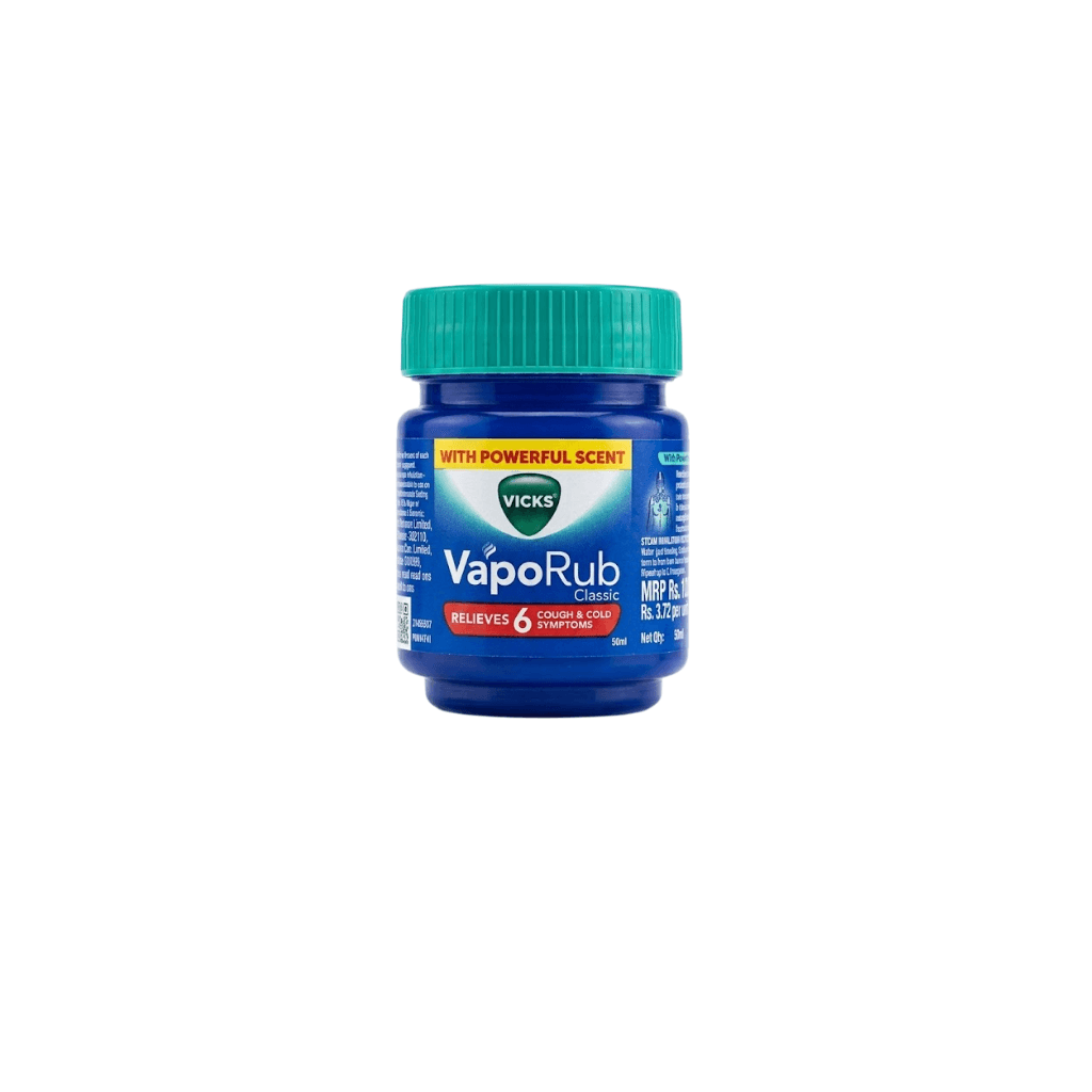 Vicks Vaporub 50ml Relief From Cold, Cough, Blocked Nose, Headache, Body Ache, Muscular Stiffness And Breathing Difficulty