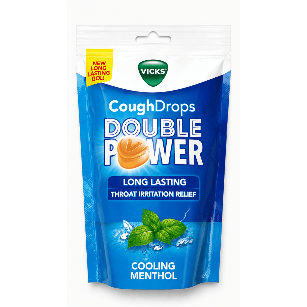 Vicks Cough Drops Double Power Throat Irritation Relief Cooling Menthol Pouch Of 25 LozengesVICKS COUGH DROPS DOUBLE POWER (Bag of 25) WITH AYURVEDIC INGREDIENTS FOR FAST RELIEF FROM THROAT IRRITATION & COUGH, COOLING MENTHOLFLAVOUR