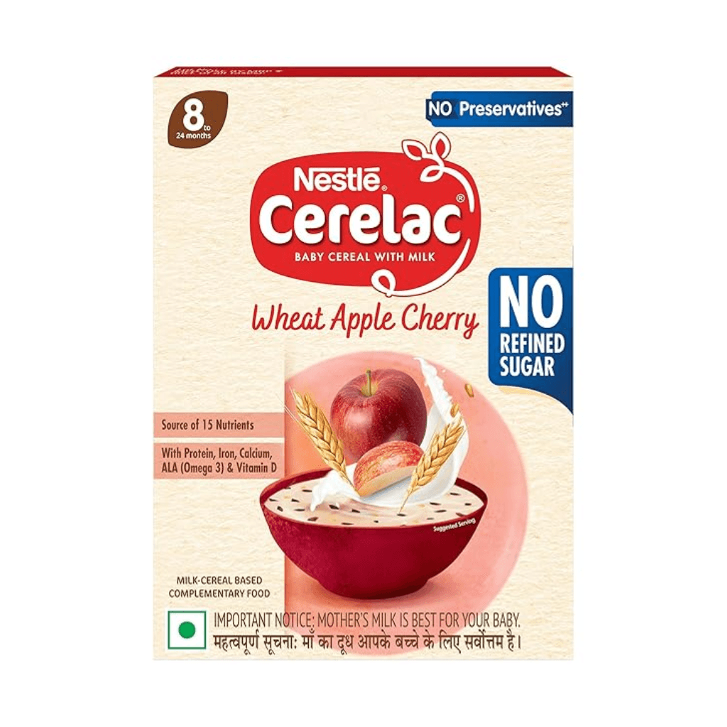 CERELAC Baby Food Cereal | No Refined Sugar | No Preservatives | Wheat Apple Cherry for 8 to 24 Months Baby | With Omega 3 Iron Protein Calcium Vit D | Instant Cereal | 350g (Weight may vary upwards)