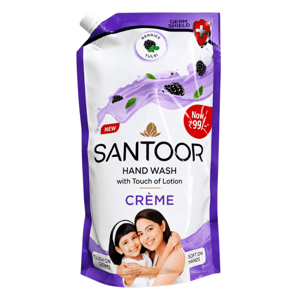 Santoor Crème Handwash 650ml, Touch of Lotion| Made with Berries & Tulsi| Rich Lathering Formula with Anti-Bacterial Properties| Soft on Hands| Soothes & Hydrates Skin