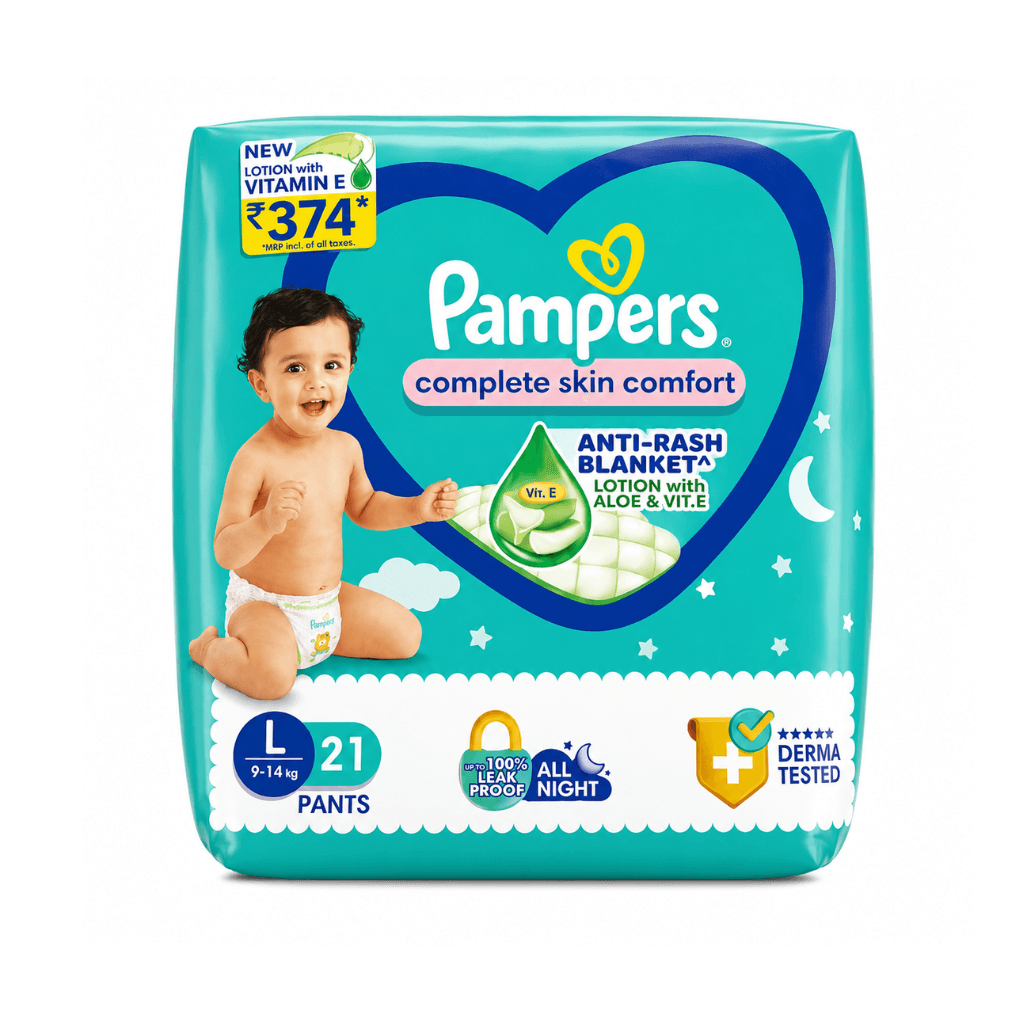 Pampers Complete Skin Comfort Pants, (L) 21 Count, Anti-rash blanket, Lotion with Vitamin E & Aloe Vera, Medium size baby diapers, 9-14kg