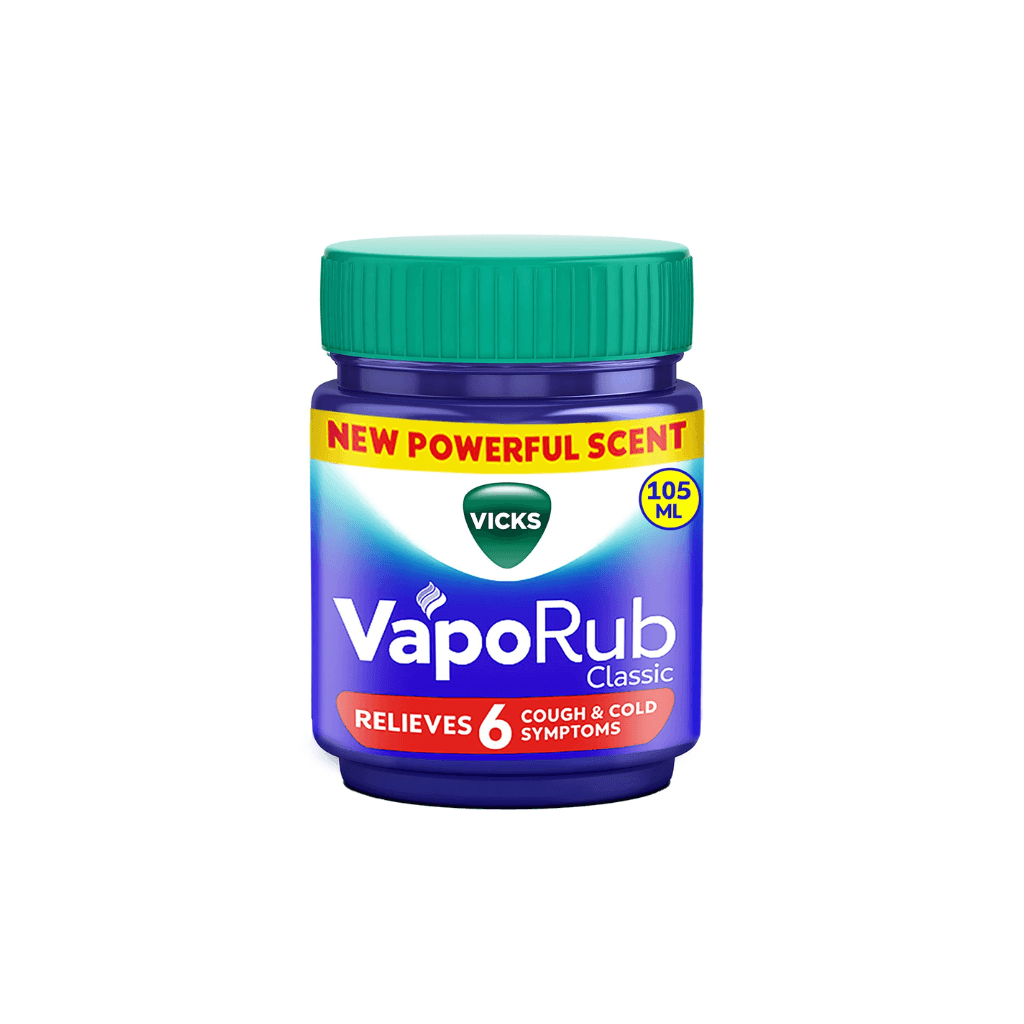 Vicks Vaporub Relief From Cold, Cough, Blocked Nose, Headache, Body ache, Muscular stiffness and Breathing difficulty, 105ml