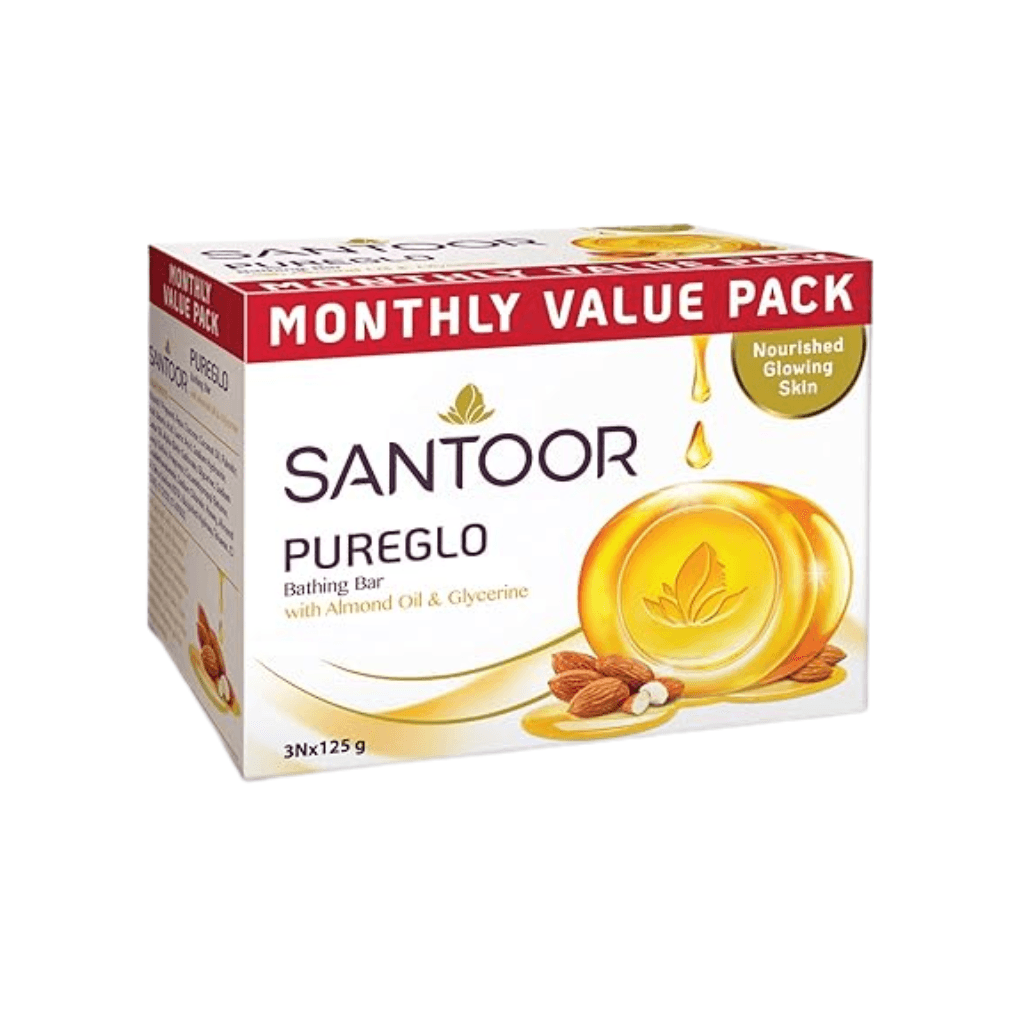 Santoor PureGlo Glycerine Soap with Almond Oil and Glycerine, 125g  for Nourished Glowing Skin