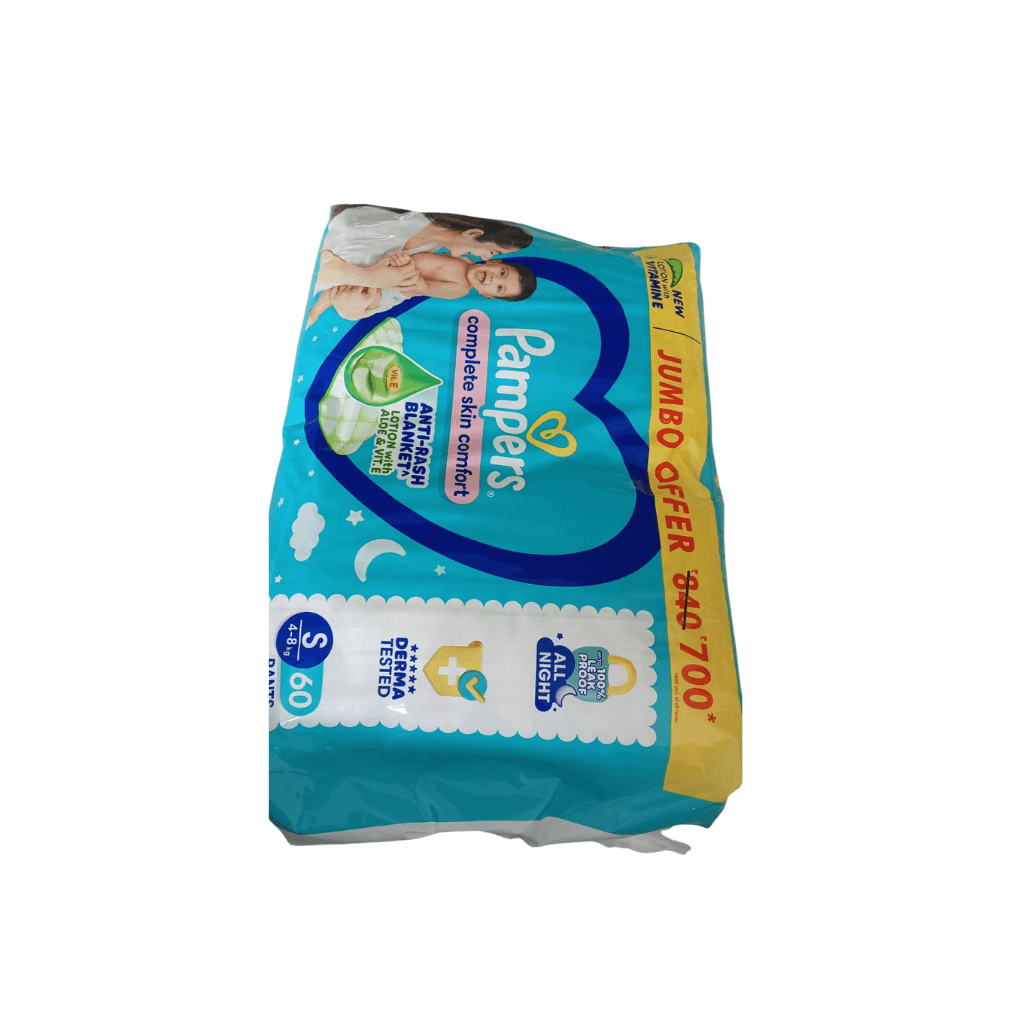 Pampers Complete Skin Comfort Pants, (S) 60 Count, Anti-rash blanket, Lotion with Vitamin E & Aloe Vera, Small size baby diapers, 4-8 kg