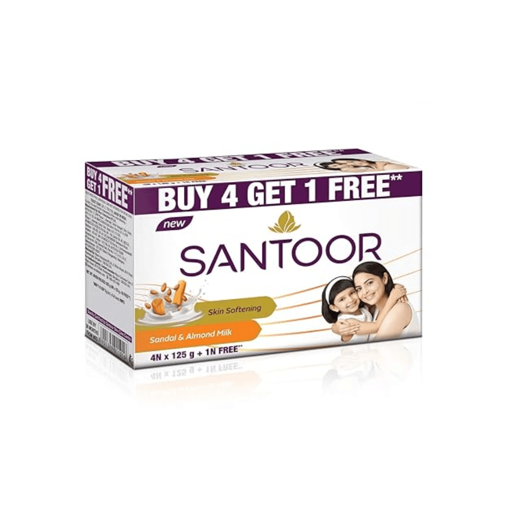 Santoor Sandal and Almond Milk Soap (Buy 4 Get 1 Free 125g each) & Santoor Sandalwood and Turmeric Bath Soap for Younger Looking and Glowing Skin Combo Offer