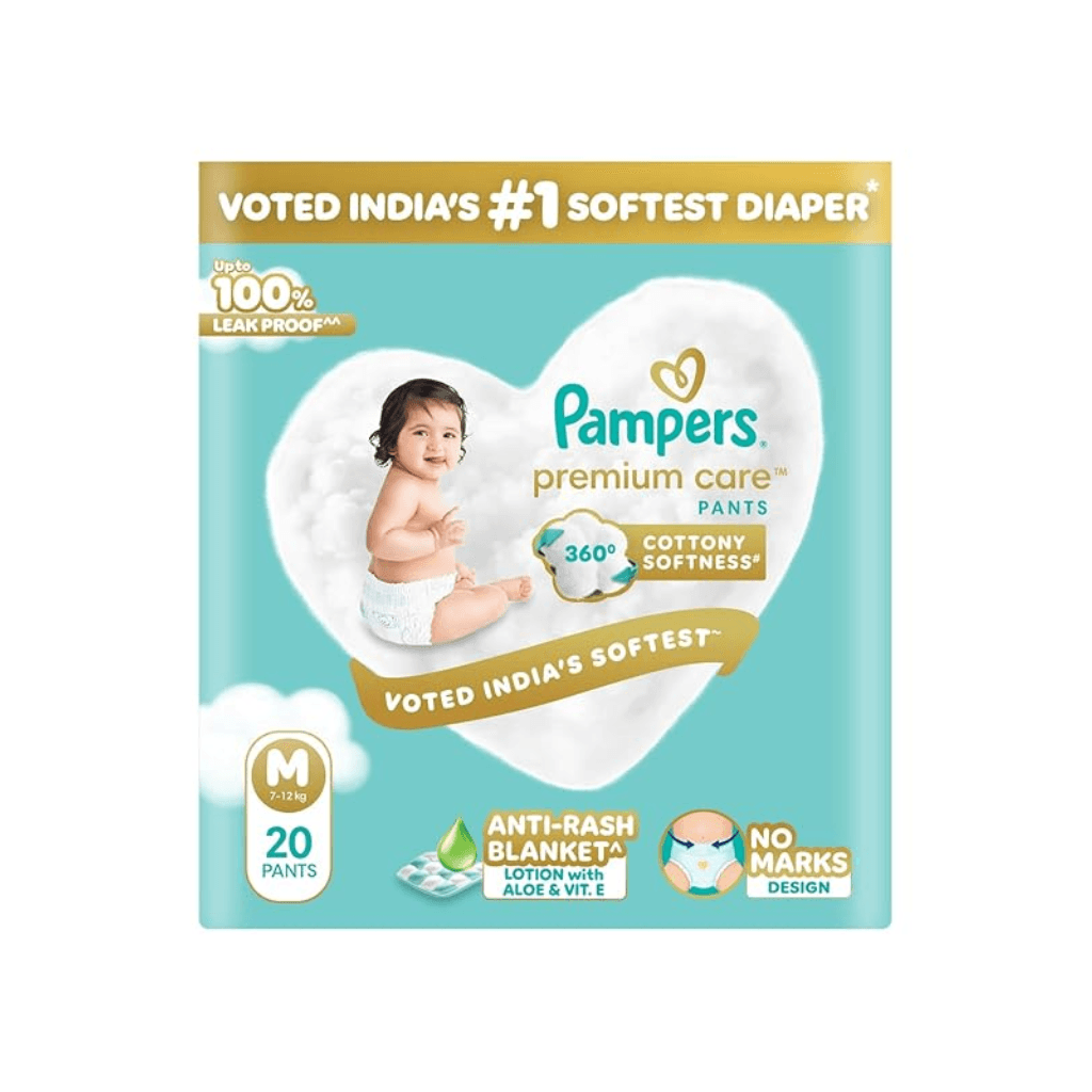 PAMPERS PREMIUM CARE PANT STYLE BABY DIAPERS, MEDIUM (M), 20 COUNT, 7-12KG, ALL-IN-1 WITH 360 COTTONY SOFTNESS DIAPERS