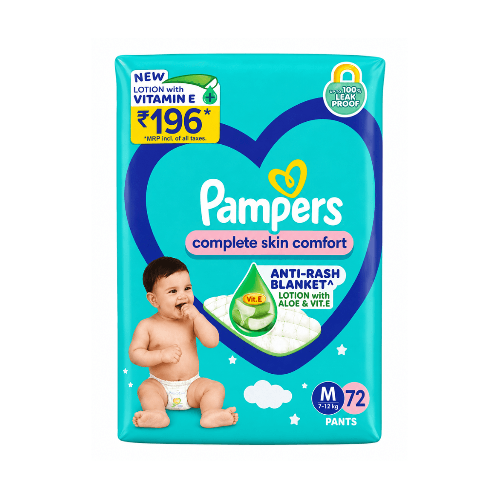 Pampers Complete Skin Comfort Pants, (M) 12 Count, Anti-rash blanket, Lotion with Vitamin E & Aloe Vera, Medium size baby diapers, 7-12kg