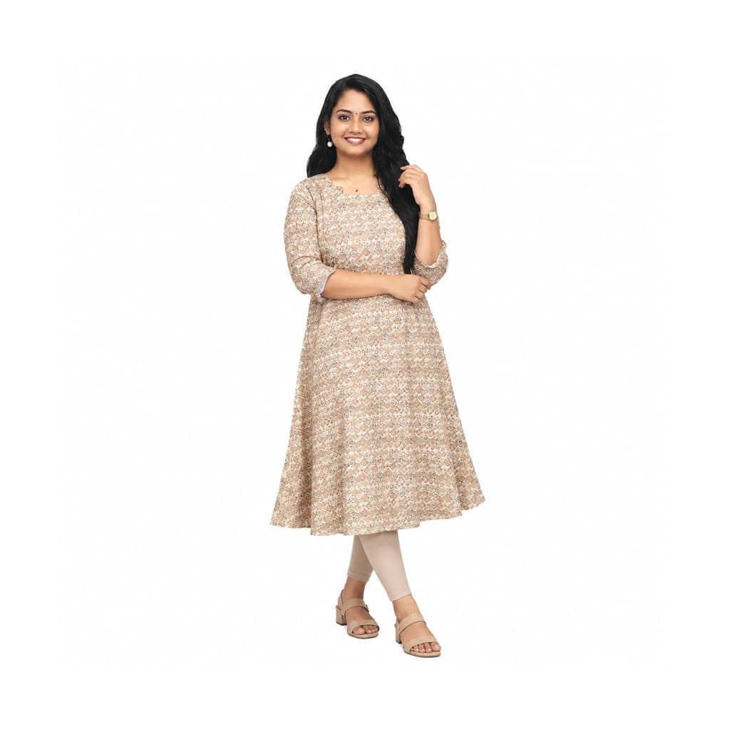 BEIGE AND BROWN KURTI ( A LINE  )