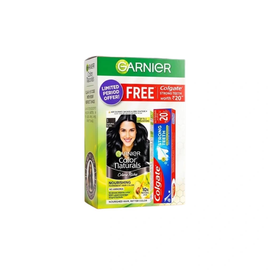 GARNIER COLOR NATURALS  CREME RICHE NOURISHING PERMENENT HAIR COLOUR NO AMMONIA NATURAL BLACK 1 WITH COLGATE STRONG TEETH FREE