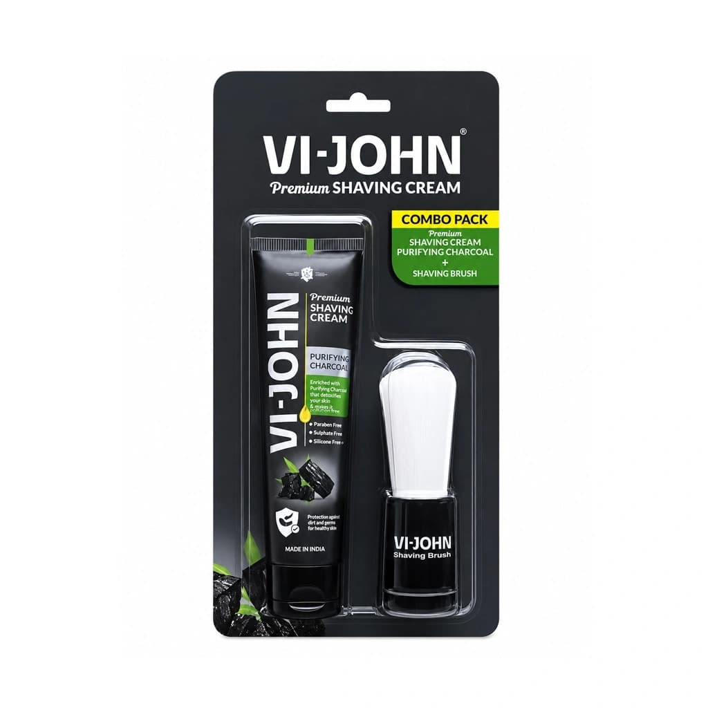 VI JOHN SHAVING CREAM PURIFYING CHARCOAL WITH BRUSH COMBO 70GM