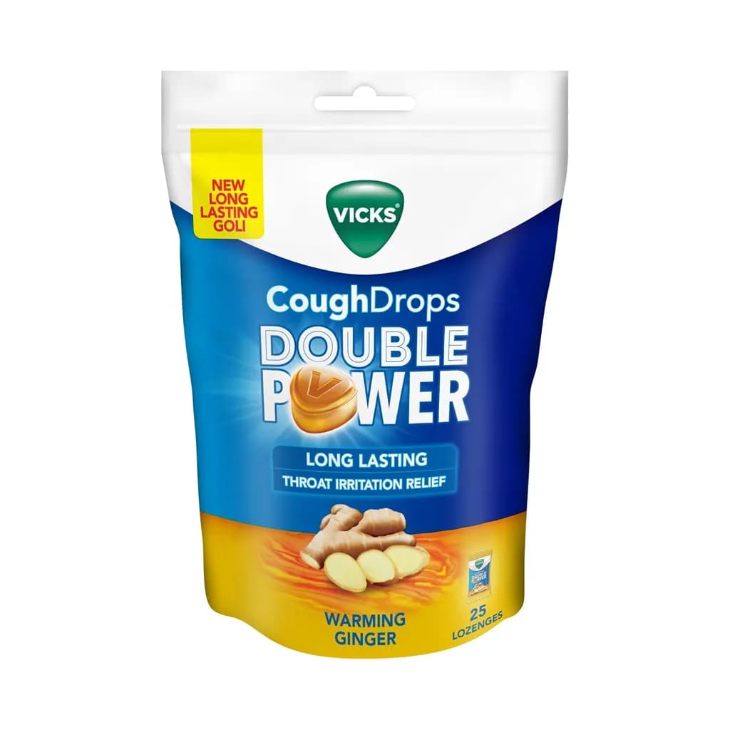 VICKS COUGH DROPS DOUBLE POWER LONG LASTING THROAT IRRITATION RELIEF WARMING GINGER25 NOS