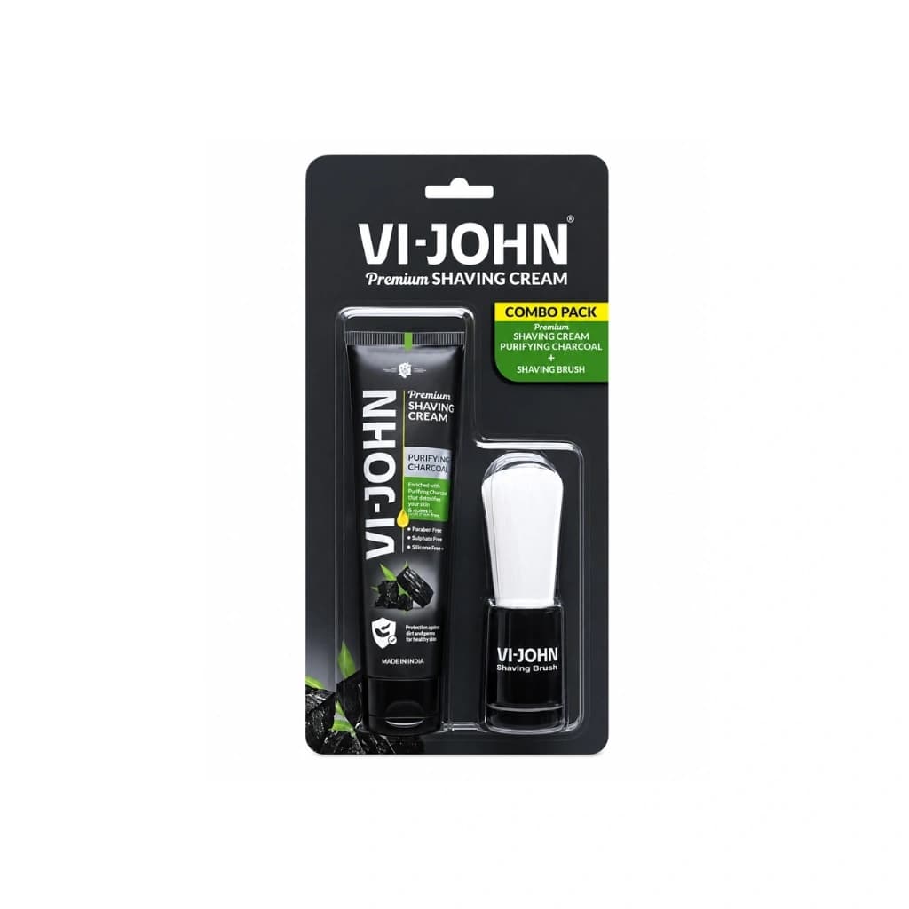 VI JOHN SHAVING CREAM PURIFYING CHARCOAL WITH BRUSH COMBO 70GM