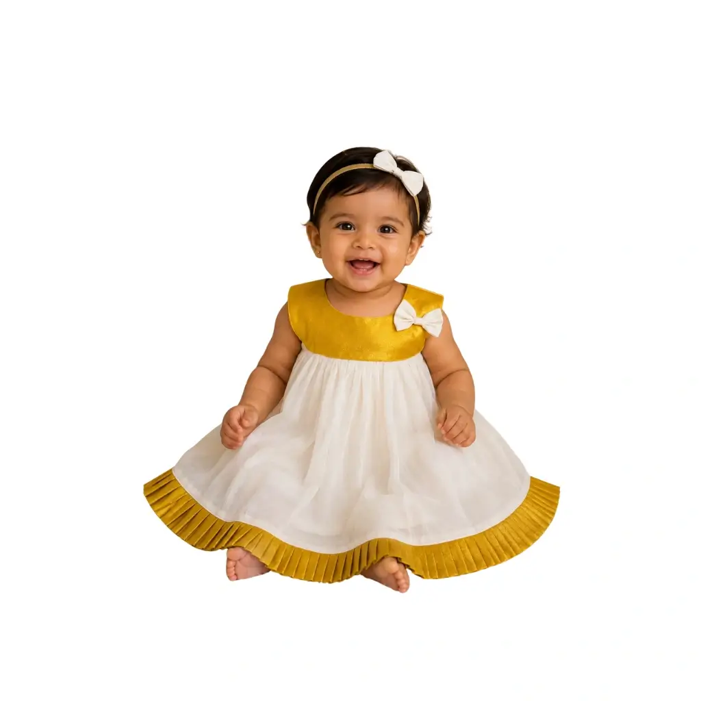 KUTHAMPULLY GOLD PLEATED & CIRCULAR NECK FROCK FOR BABIES
