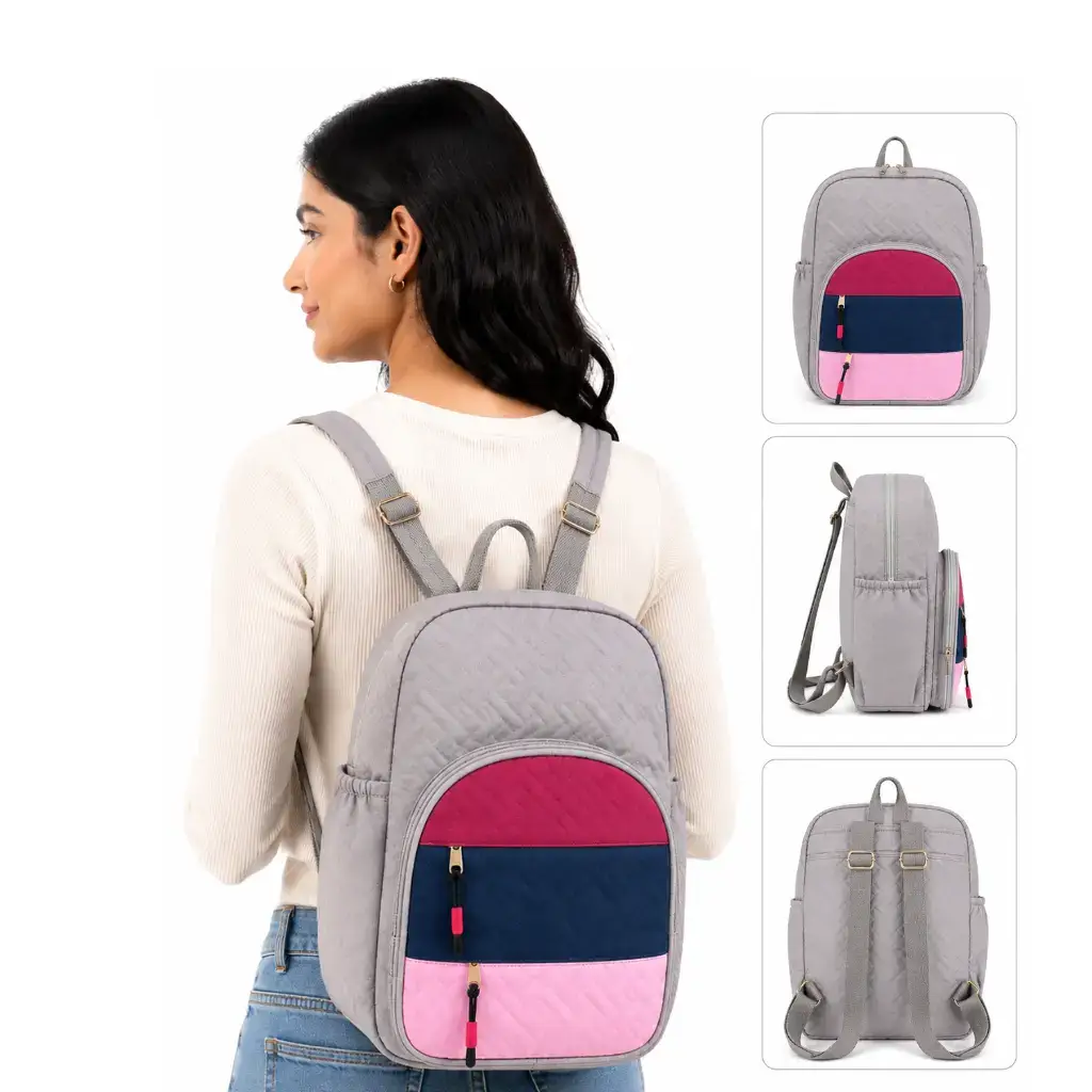 COLOR-BLOCKED QUILTED FASHION BACKPACK.