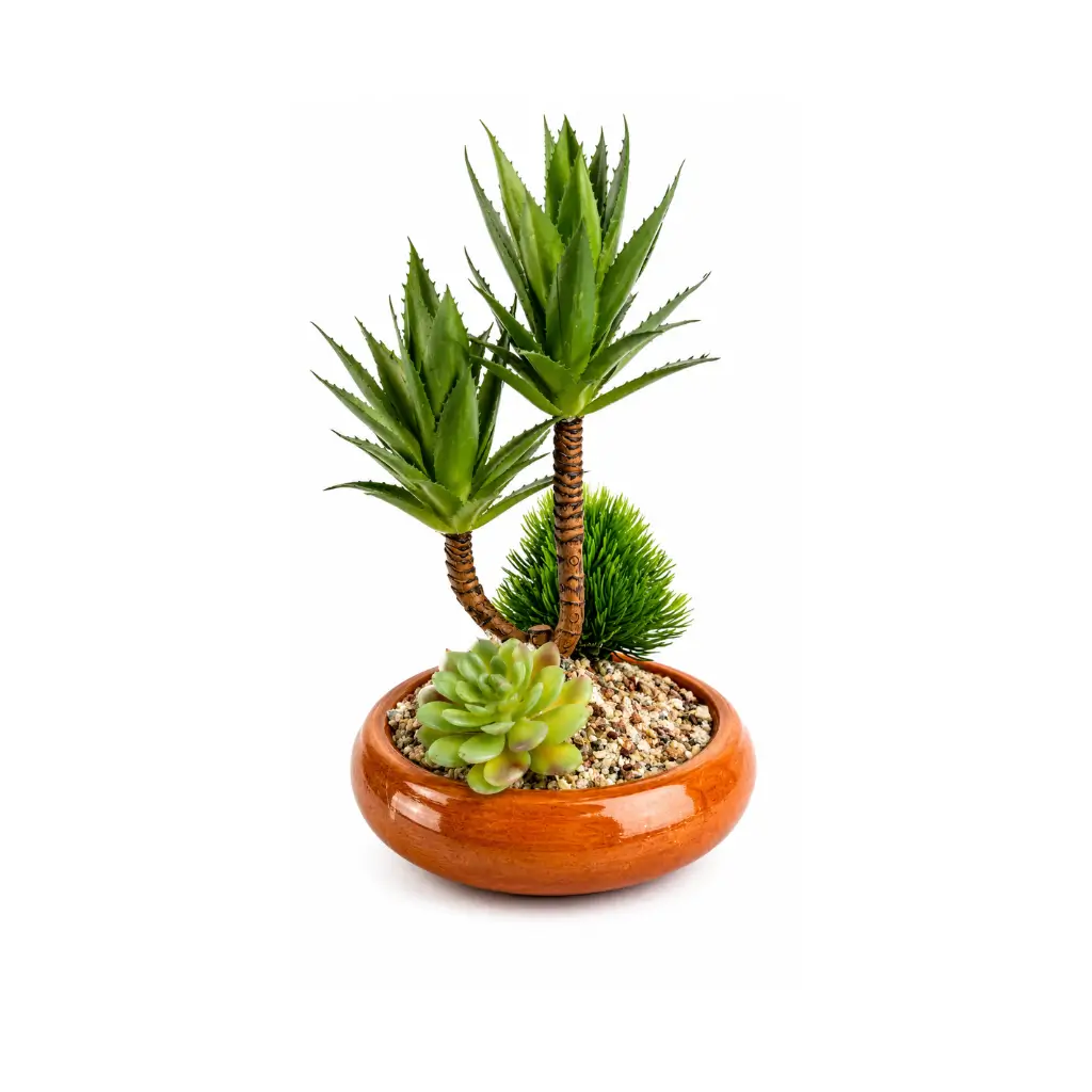 CRAFT TARA HANDCRAFTED MAHOGANY WOOD PLANTER BOWL WITH FAUX SUCCULENT & YUCCA BONSAI