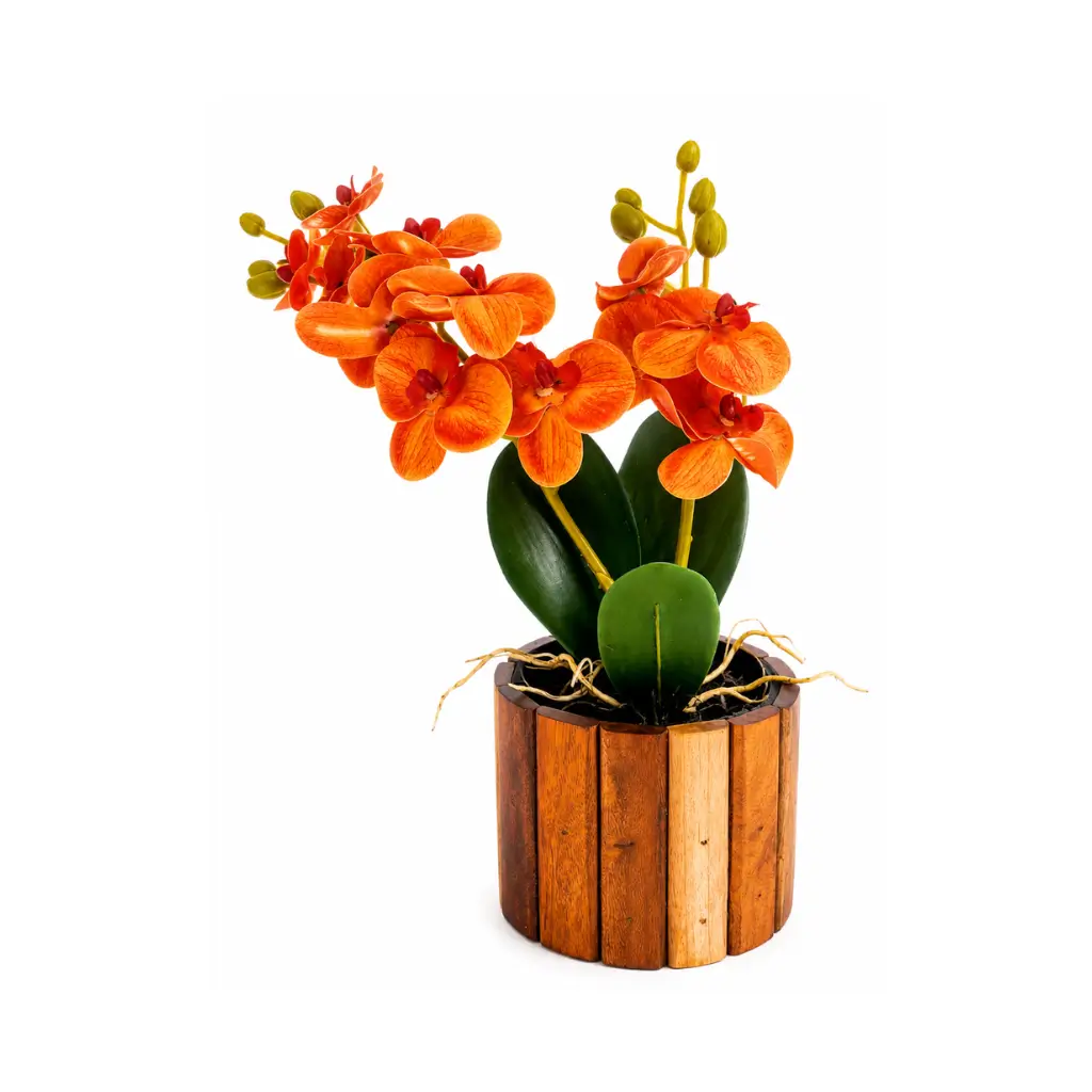 CRAFT TARA HANDCRAFTED MAHOGANY WOOD BARREL PLANTER WITH ARTIFICIAL ORANGE PHALAENOPSIS ORCHID