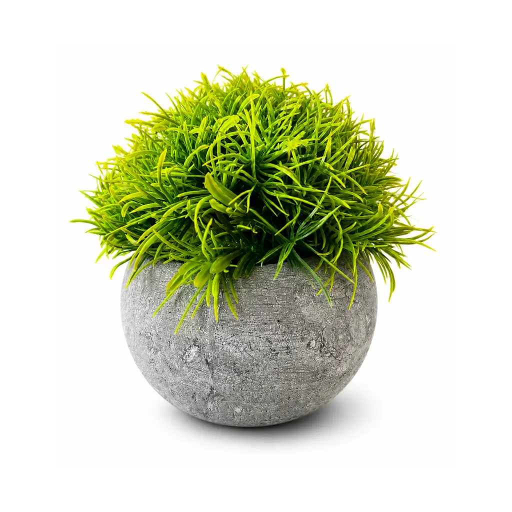 CRAFT TARA TEXTURED CEMENT FINISH RESIN POT WITH ARTIFICIAL GRASS BALL BONSAI TOPIARY