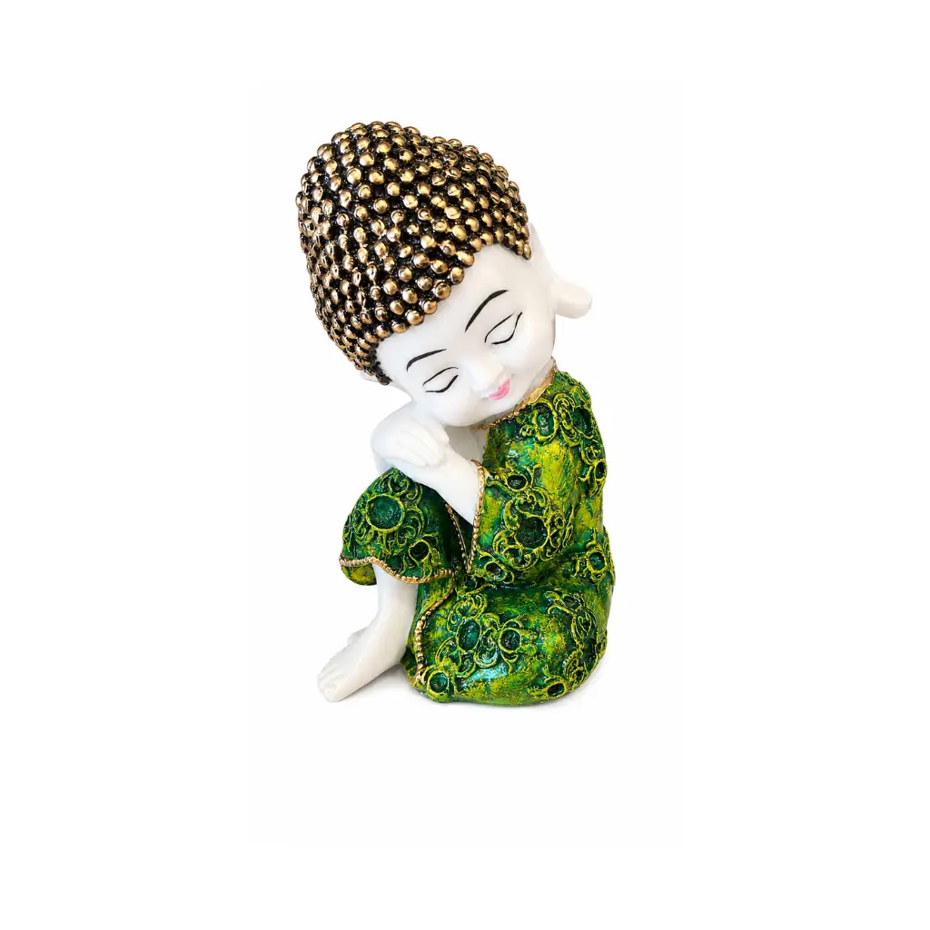 CRAFT TARA HANDCRAFTED POLYRESIN RELAXING BABY MONK BUDDHA IDOL RESTING ON KNEE / ANTIQUE GREEN ROBE