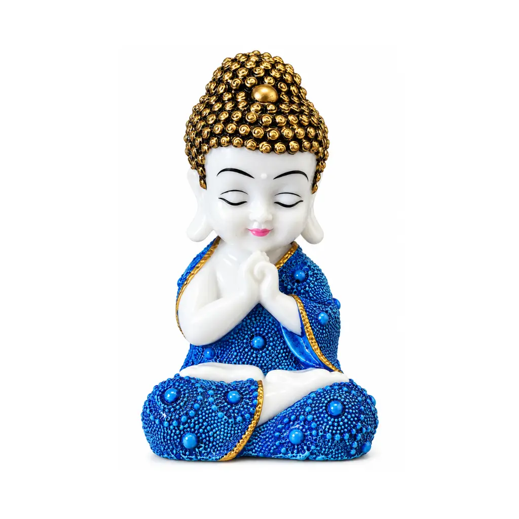 CRAFT TARA HANDCRAFTED POLYRESIN PRAYING BABY MONK BUDDHA IDOL / NAMASTE POSE / TEXTURED BLUE ROBE