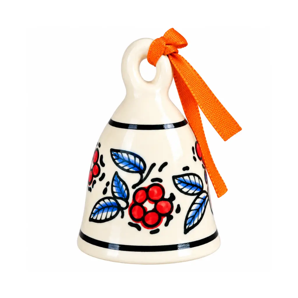 CRAFT TARA ARTISANAL HAND PAINTED POTTERY HANGING BELL WITH FLORAL & LEAF DESIGN | ORANGE RIBBON