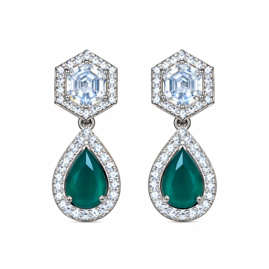 SARRK JEWELS SILVER EMERALD HALO EARRINGS