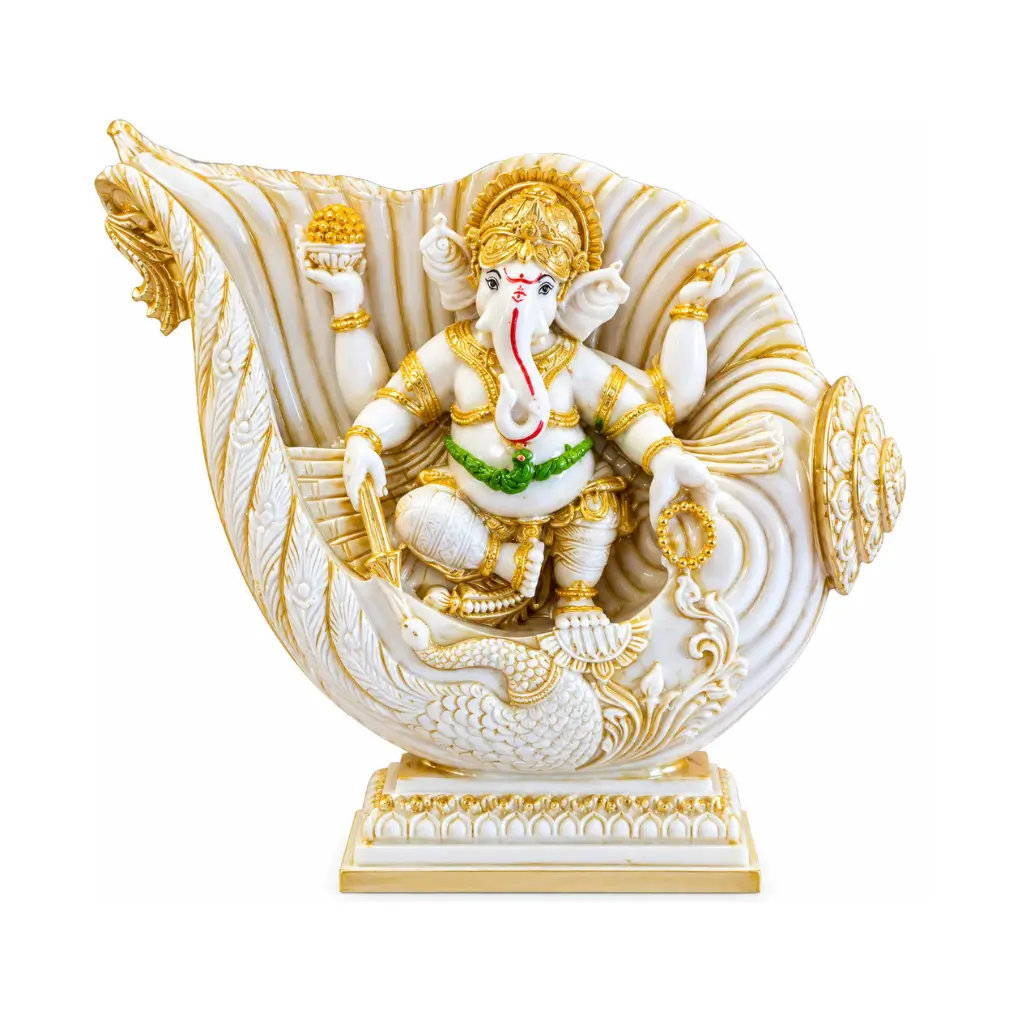 CRAFT TARA HANDCRAFTED WHITE MARBLE FINISH GANESHA INSIDE SHANKH SHOWPIECE FOR HOME DECOR & GIFTING