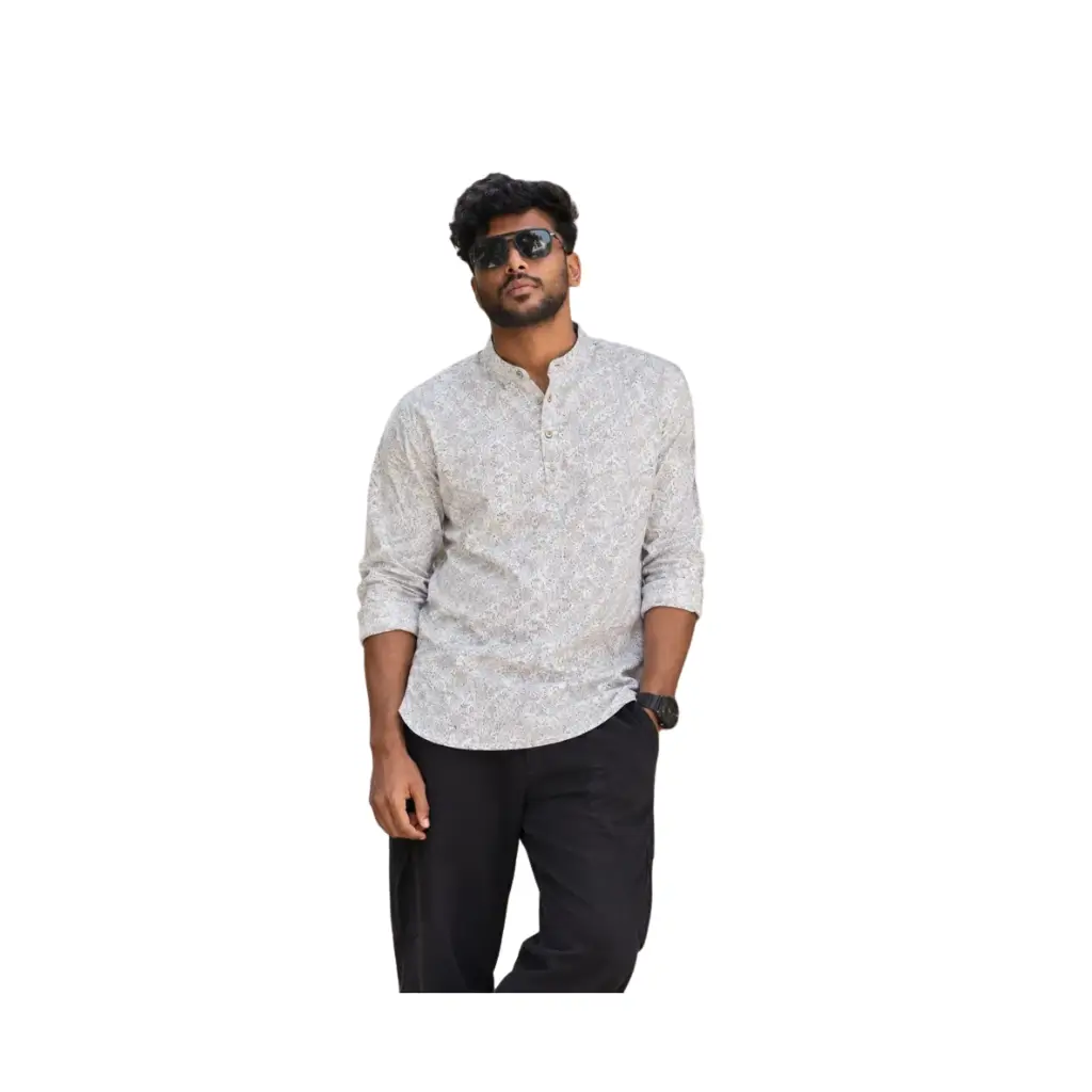 KUTHAMPULLY MEN'S OFF WHITE FLORAL PRINTED COTTON SHORT KURTA CASUAL CHINESE COLLAR SHIRT