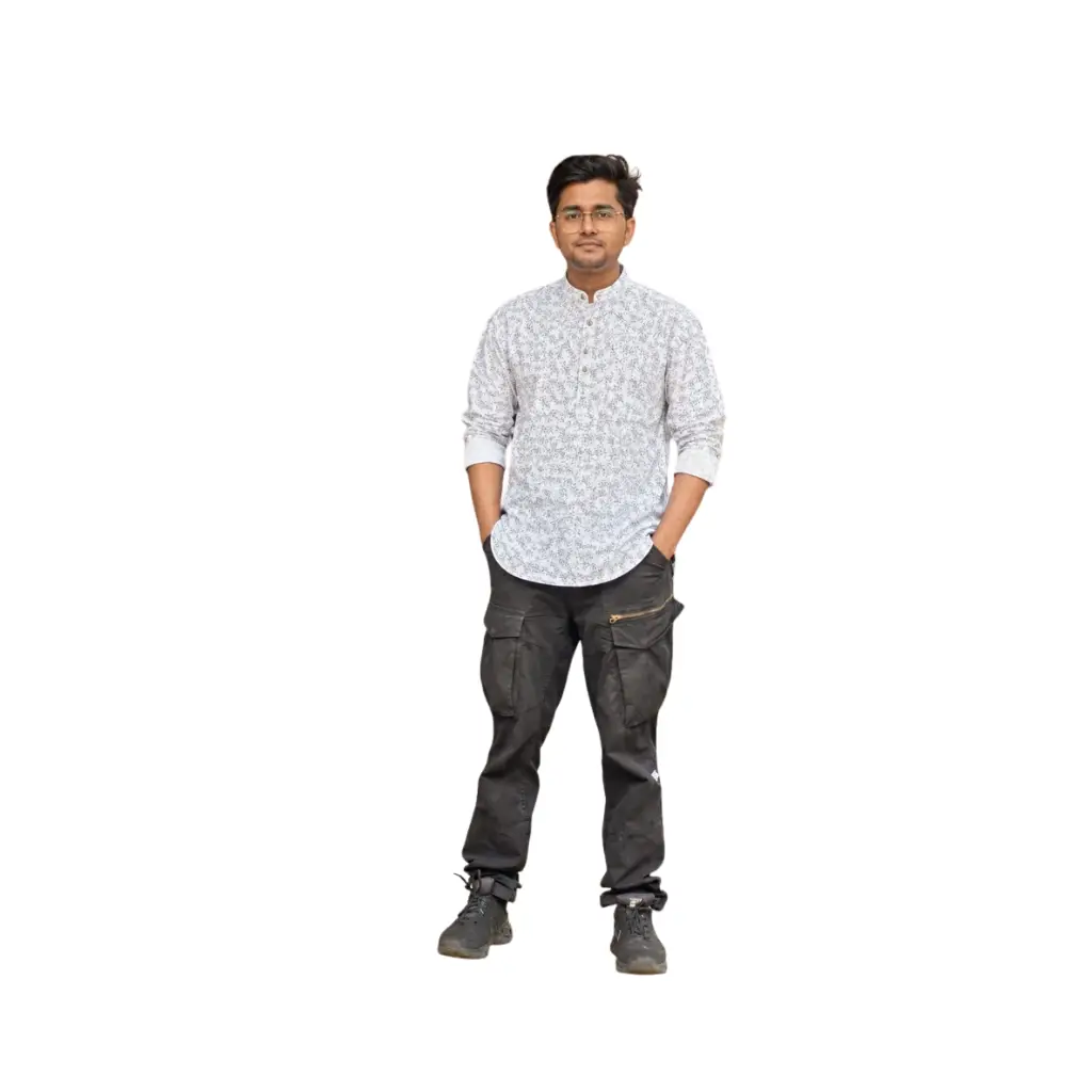 KUTHAMPULLY MEN'S WHITE FLORAL PRINTED COTTON SHORT KURTA LIGHTWEIGHT CASUAL ETHNIC SHIRT