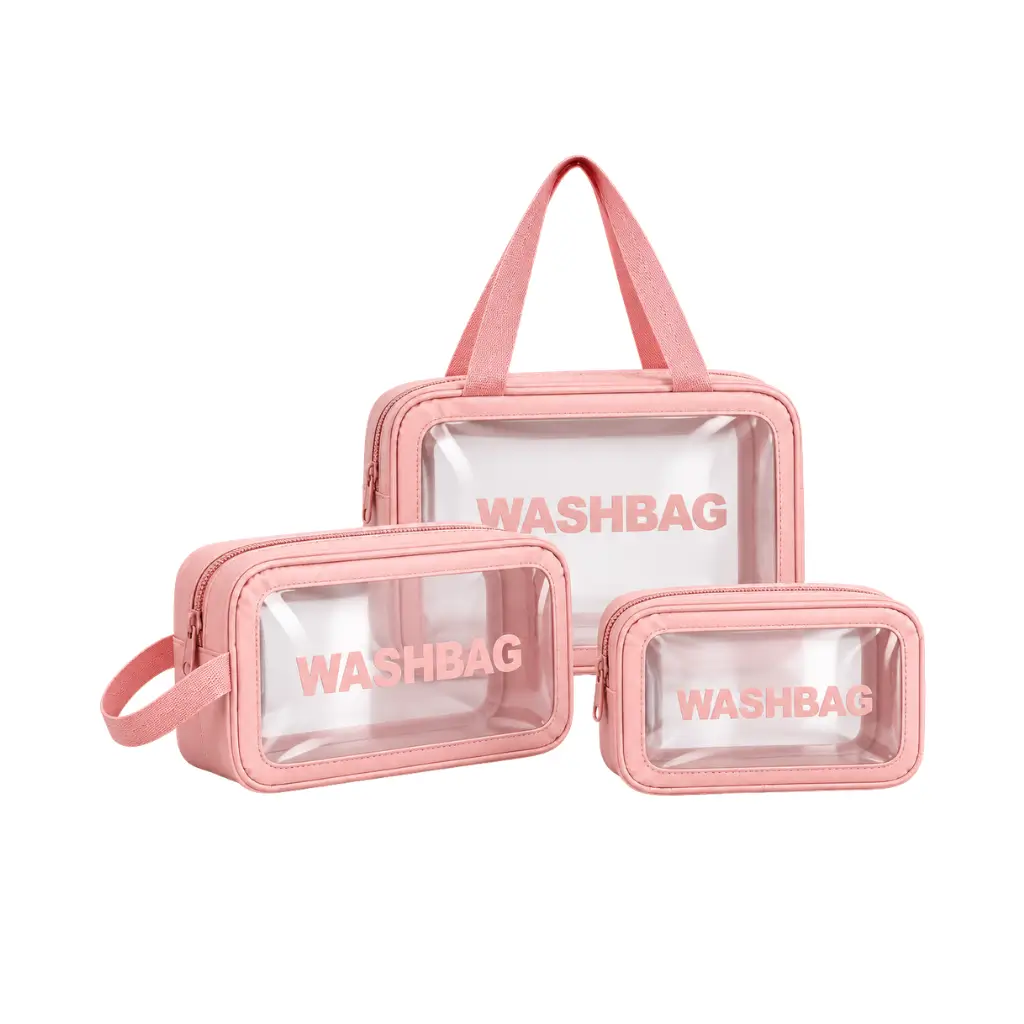 GENERIC PINK TRANSPARENT COSMETIC & TOILETRY BAG SET | 3 PIECES