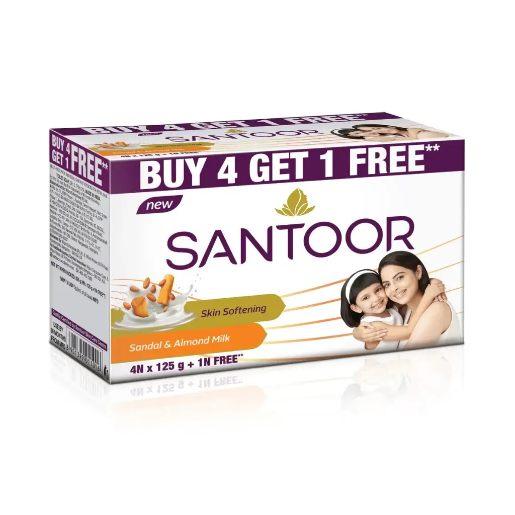 SANTOOR SANDAL & ALMOND MILK SOAP 125GM BUY 4 GET 1 FREE