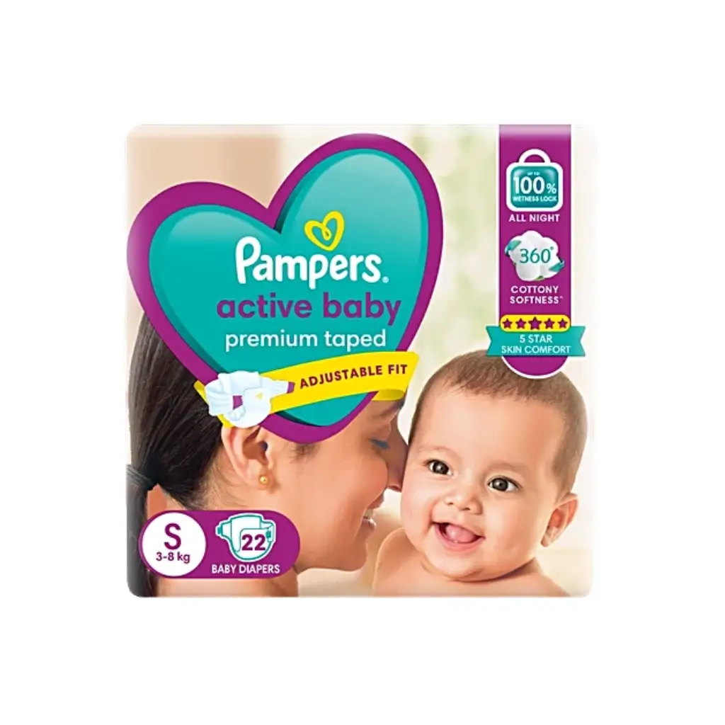 PAMPERS ACTIVE BABY PREMIUM TAPED ADJUSTABLE FIT SMALL 3-8 KG 22 DIAPERS