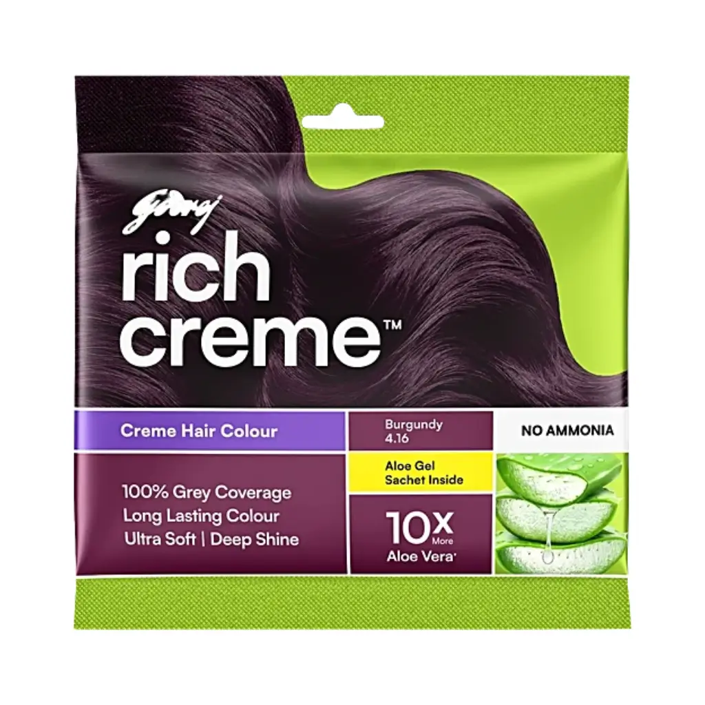 GODREJ RICH CREME BURGUNDY 4.16 HAIR COLOUR 10X ALOE VERA 20 G + 20 ML + 2 ML