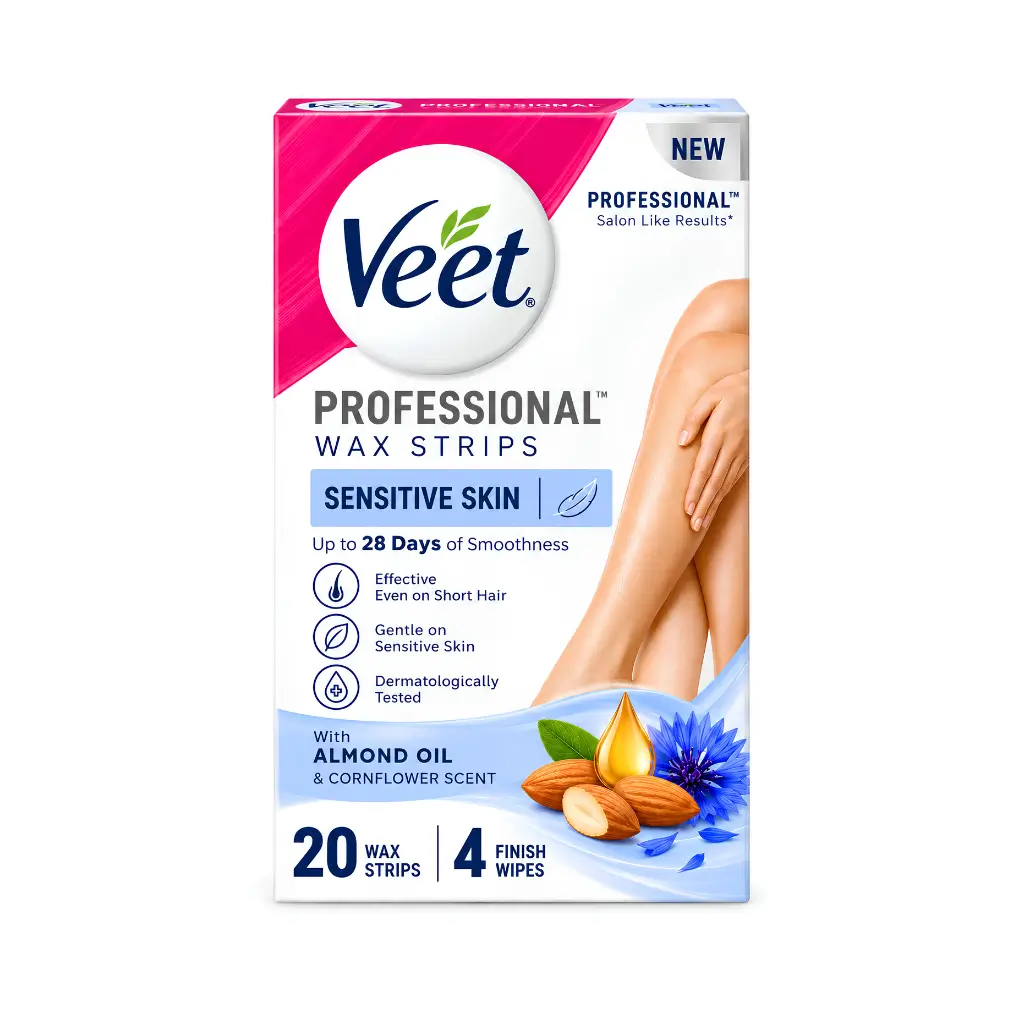VEET PROFESSIONAL SENSITIVE SKIN ALMOND OIL & CORNFLOWER SCENT 20WAX STRIPS & 4 FINISH WIPES