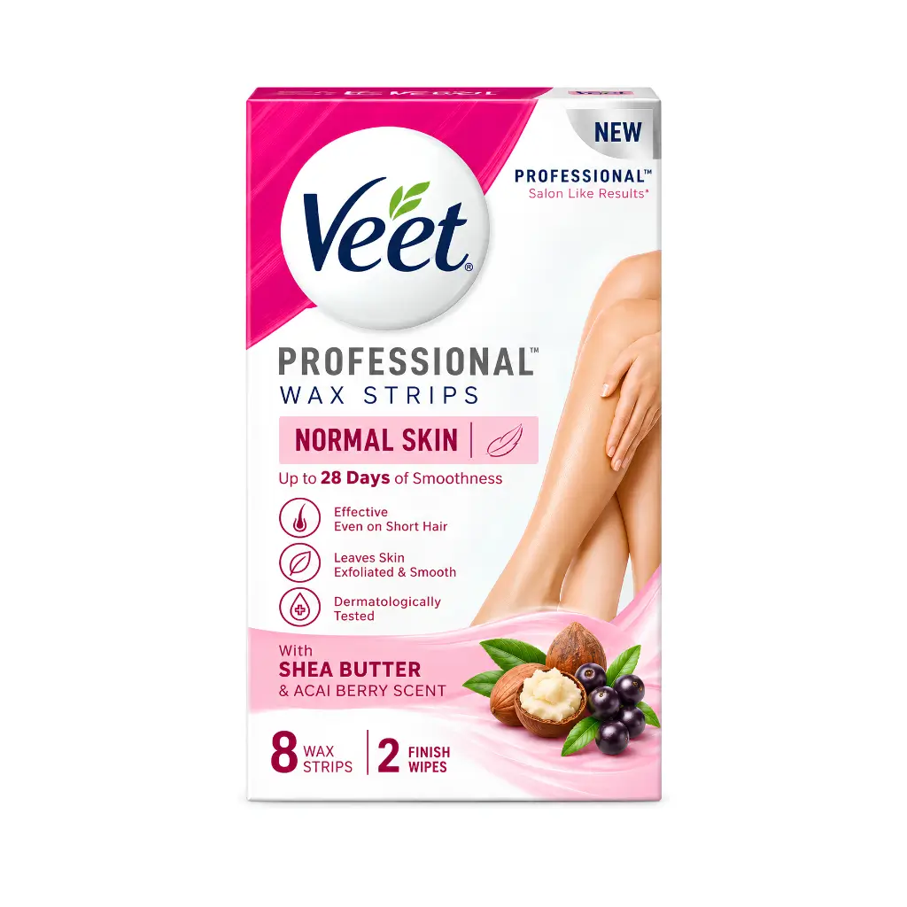 VEET PROFESSIONAL NORMAL SKIN SHEA BUTTER & ACAI BERRY SCENT 8 WAX STRIPS &2 FINISH WIPES