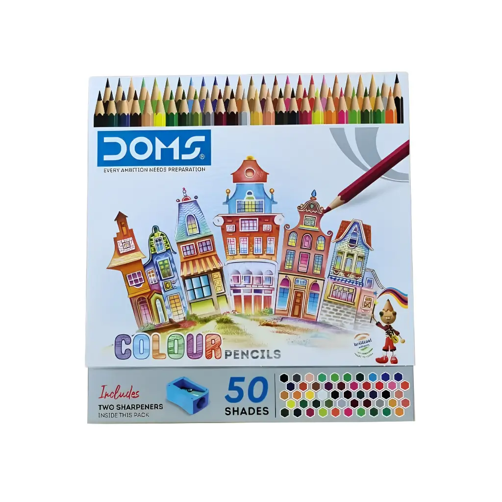 DOMS COLOUR PENCILS 50 SHADES 172 MM + TWO SHARPENERS INSIDE